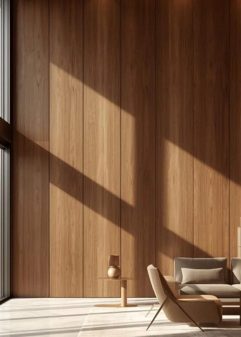 Ruhiger Besprechungsraum mit Holzwand und Sessel