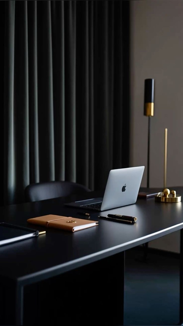 Aufgeräumter Schreibtisch mit Laptop und Notizbuch