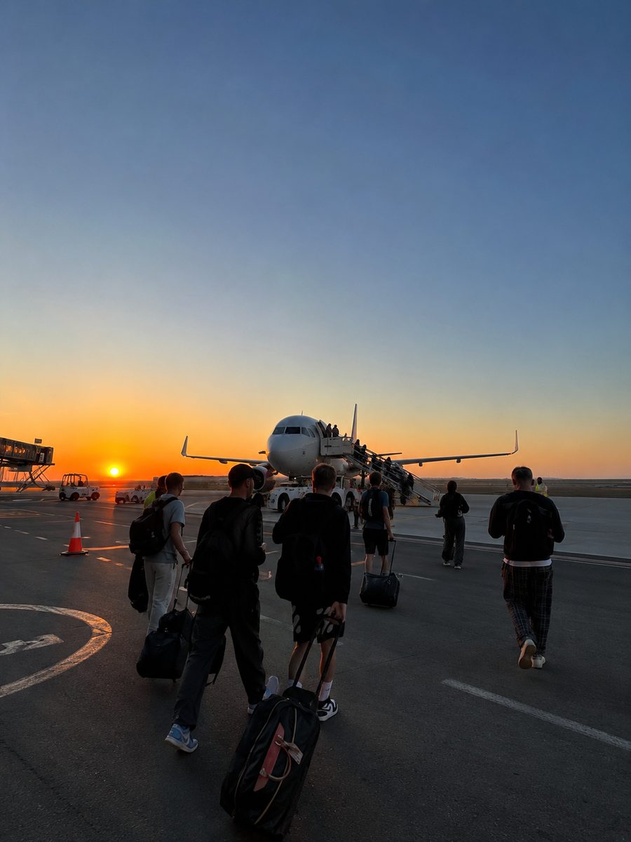 Menschen mit Gep&auml;ck auf dem Weg zum Flugzeug bei Sonnenuntergang