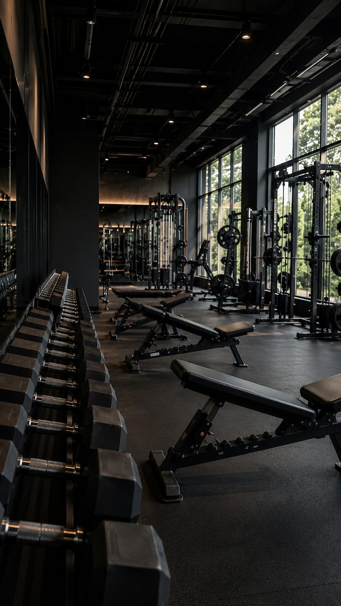 Fitnessstudio mit Hantelablage und Trainingsb&auml;nken